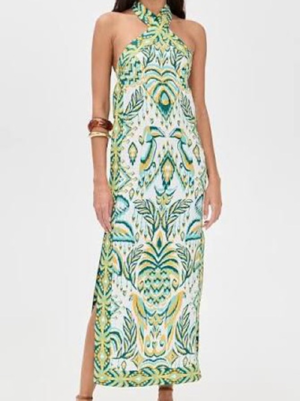 FARM Rio Teal, Yellow & White Patterned Halter Midi Dress NWT Linen